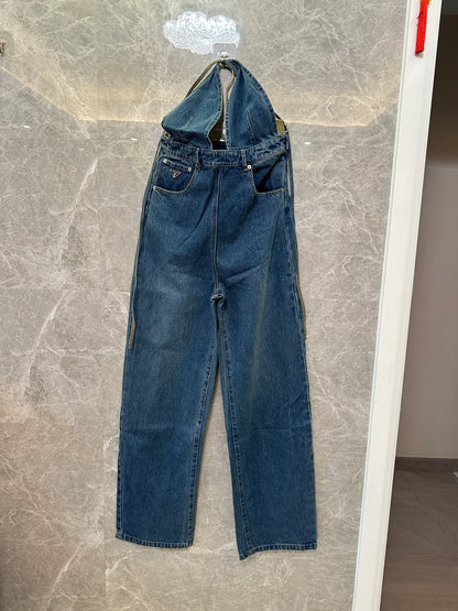 Prada Denim Wigh-Waisted Overalls