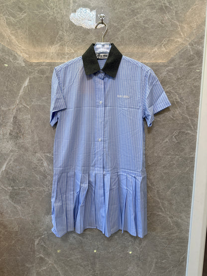 Miu Miu Striped Shirt Dress with Wool Collar