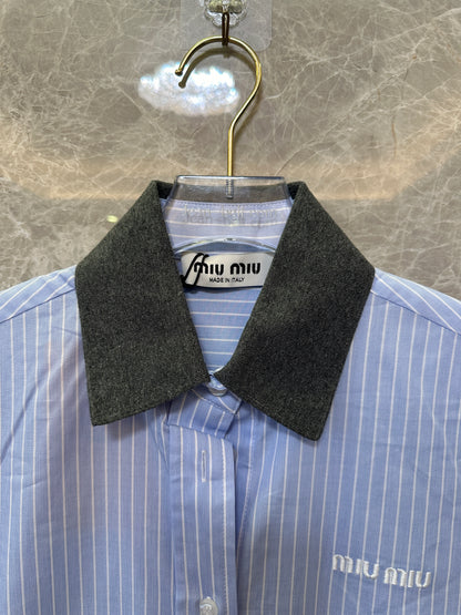 Miu Miu Striped Shirt Dress with Wool Collar