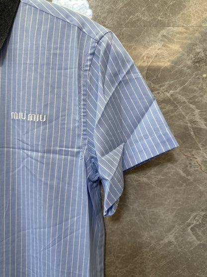Miu Miu Striped Shirt Dress with Wool Collar