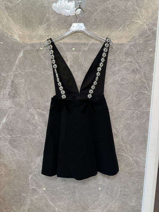 Prada Black Deep V Suspender Dress with Rhinestone Bow Straps