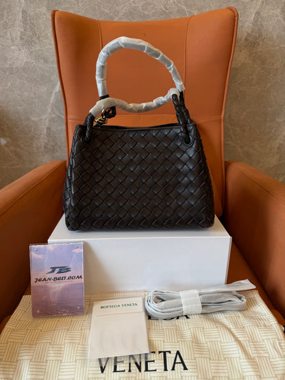 Bottega Veneta Intrecciato Woven Leather Top Handle Bag Dark Brown