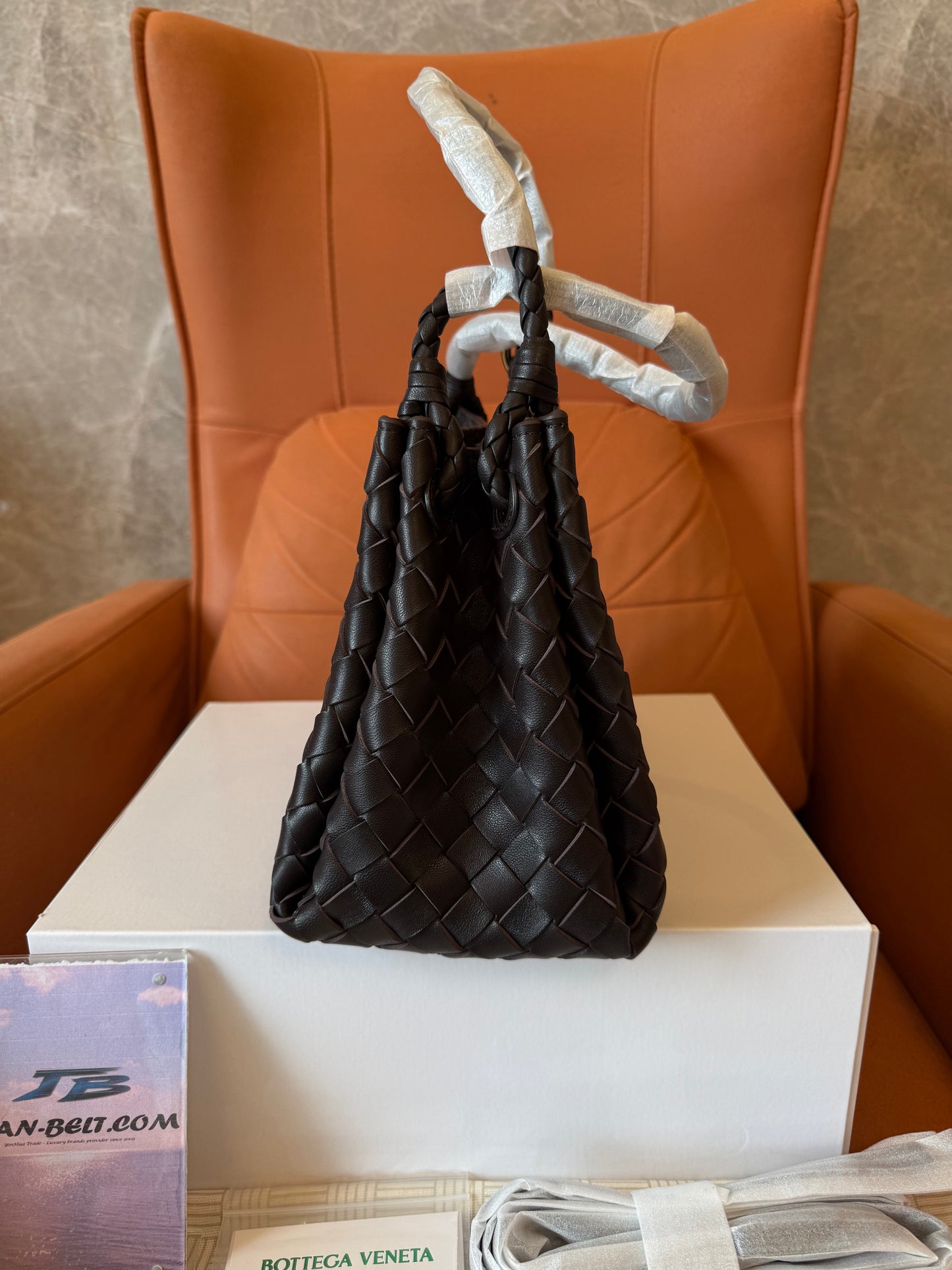 Bottega Veneta Intrecciato Woven Leather Top Handle Bag Dark Brown