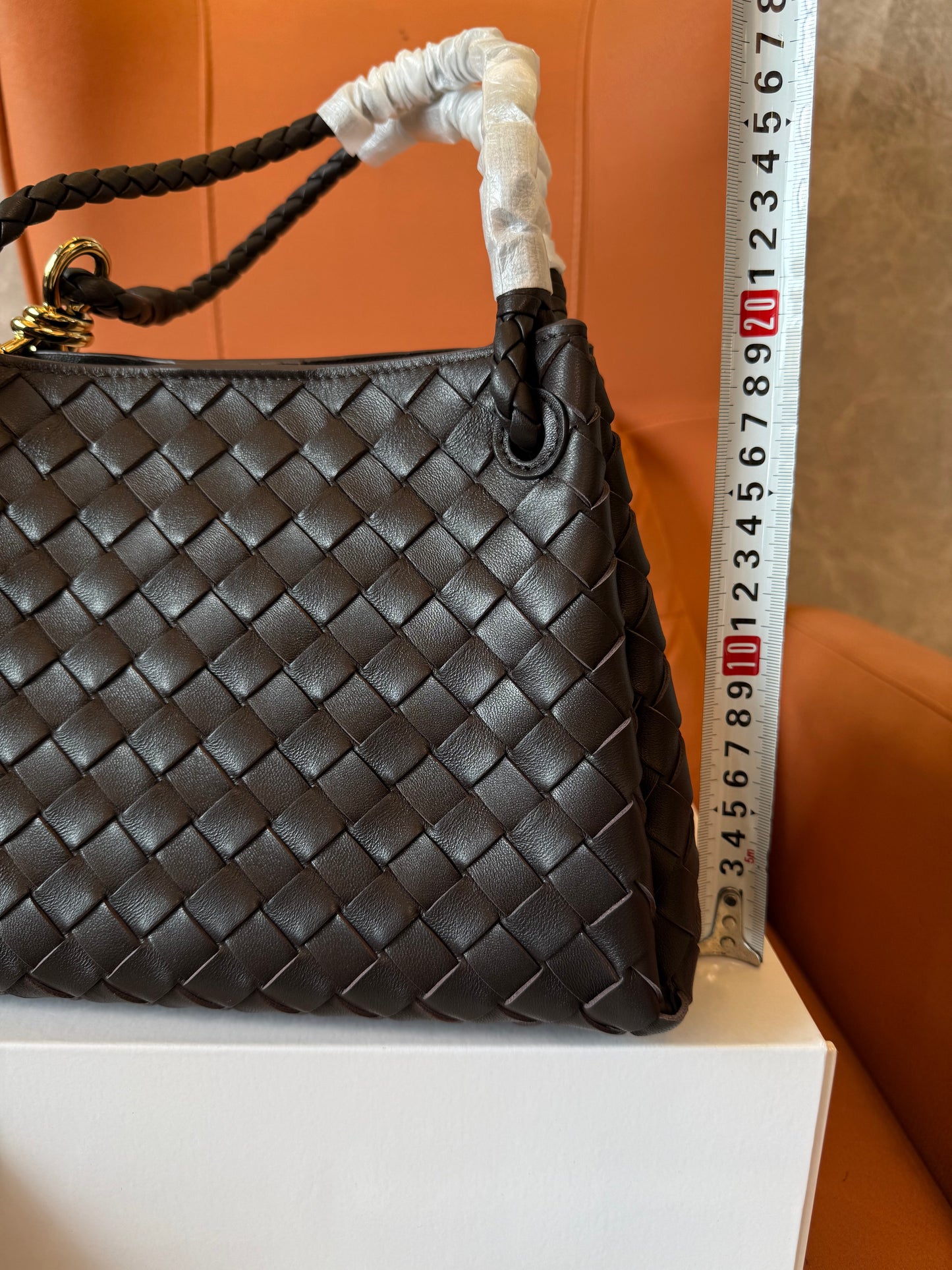 Bottega Veneta Intrecciato Woven Leather Top Handle Bag Dark Brown