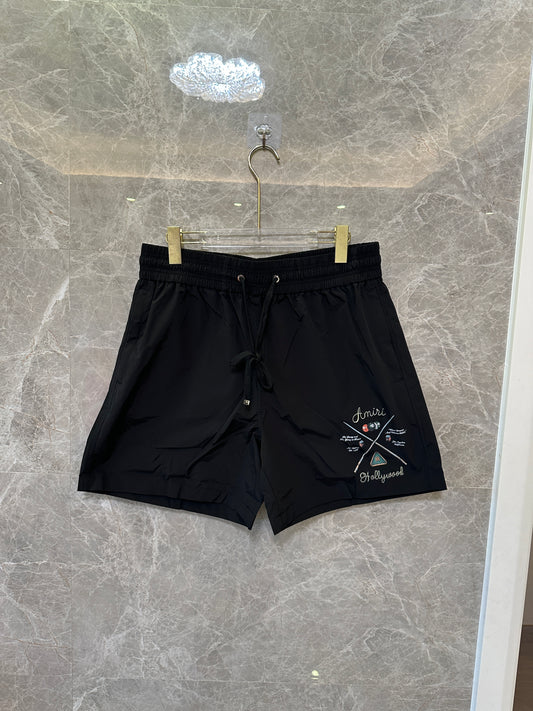 Amiri Black Nylon Drawstring Shorts with Hollywood Embroidery
