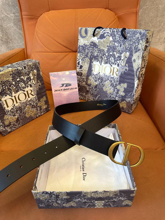 Dior D-Buckle Black Leather Belt with Gold Hardware