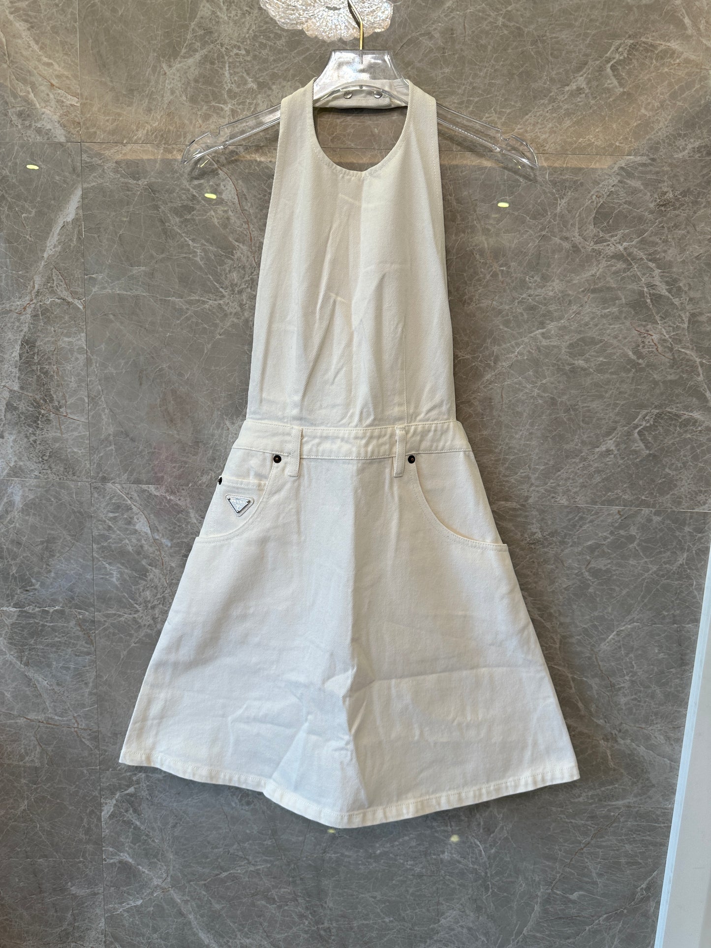 Prada White Denim Halter Dress with Pockets