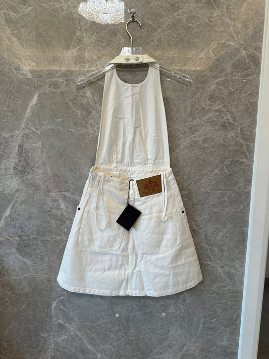 Prada White Denim Halter Dress with Pockets