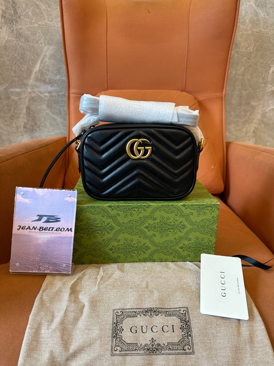 Gucci GG Marmont Black Chevron Leather Camera Bag Gold Double G