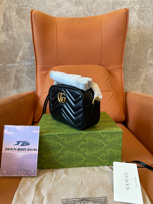 Gucci GG Marmont Black Chevron Leather Camera Bag Gold Double G