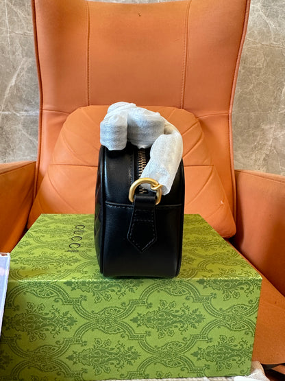 Gucci GG Marmont Black Chevron Leather Camera Bag Gold Double G