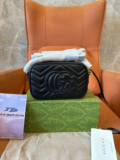 Gucci GG Marmont Black Chevron Leather Camera Bag Gold Double G
