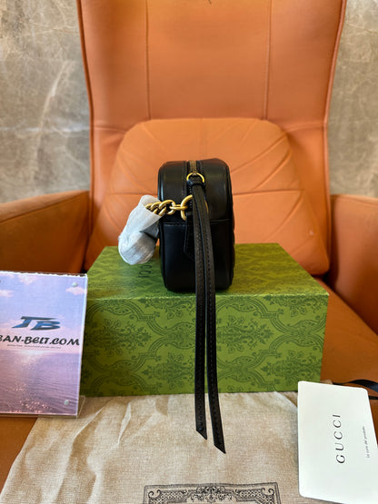 Gucci GG Marmont Black Chevron Leather Camera Bag Gold Double G