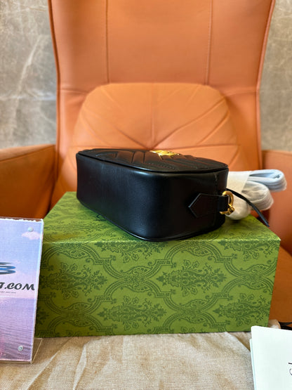 Gucci GG Marmont Black Chevron Leather Camera Bag Gold Double G