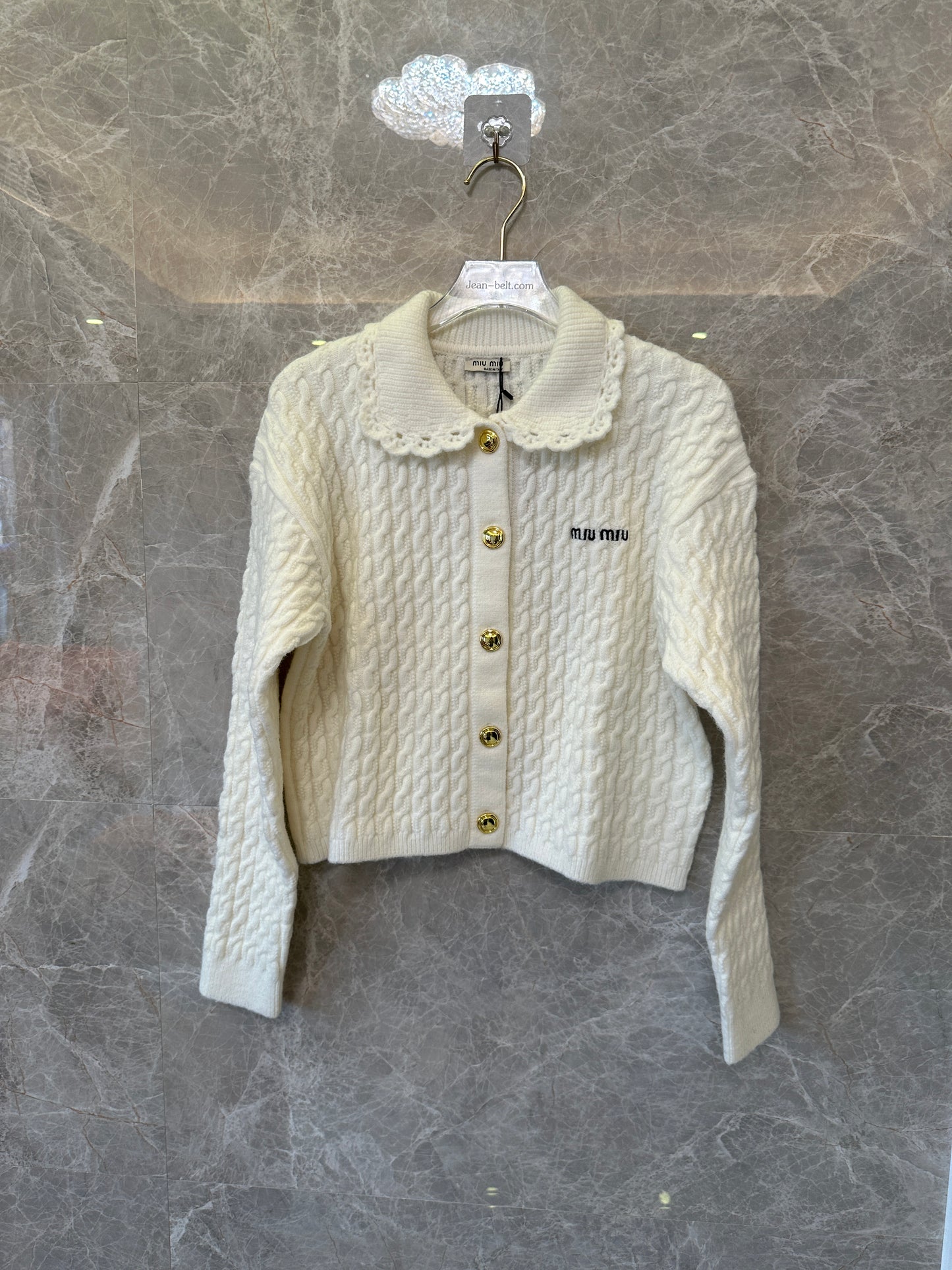Miu Miu cream cable Knit cardigan with lace collar