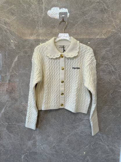 Miu Miu cream cable Knit cardigan with lace collar