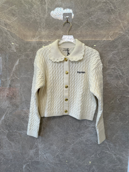 Miu Miu cream cable Knit cardigan with lace collar