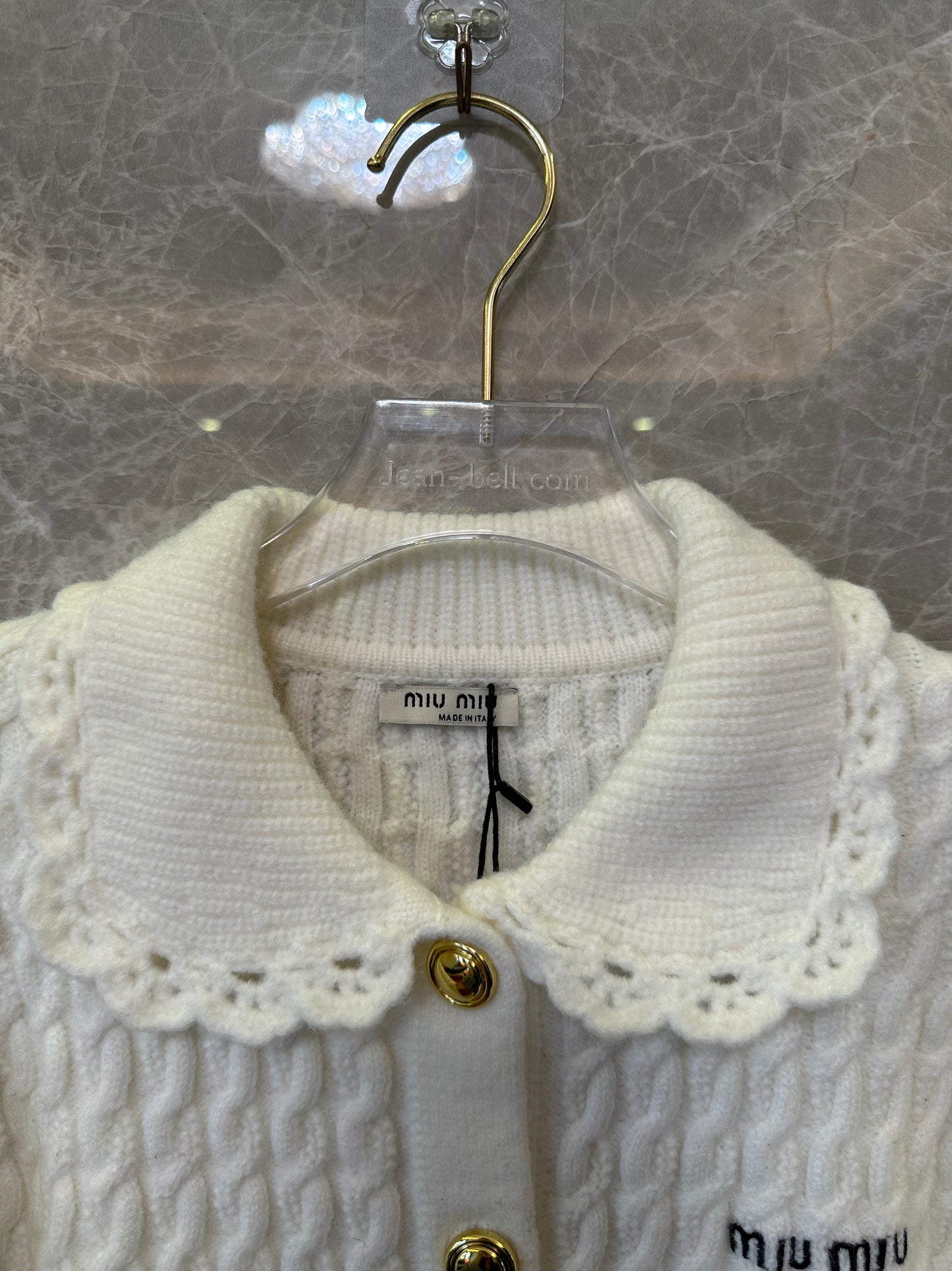 Miu Miu cream cable Knit cardigan with lace collar
