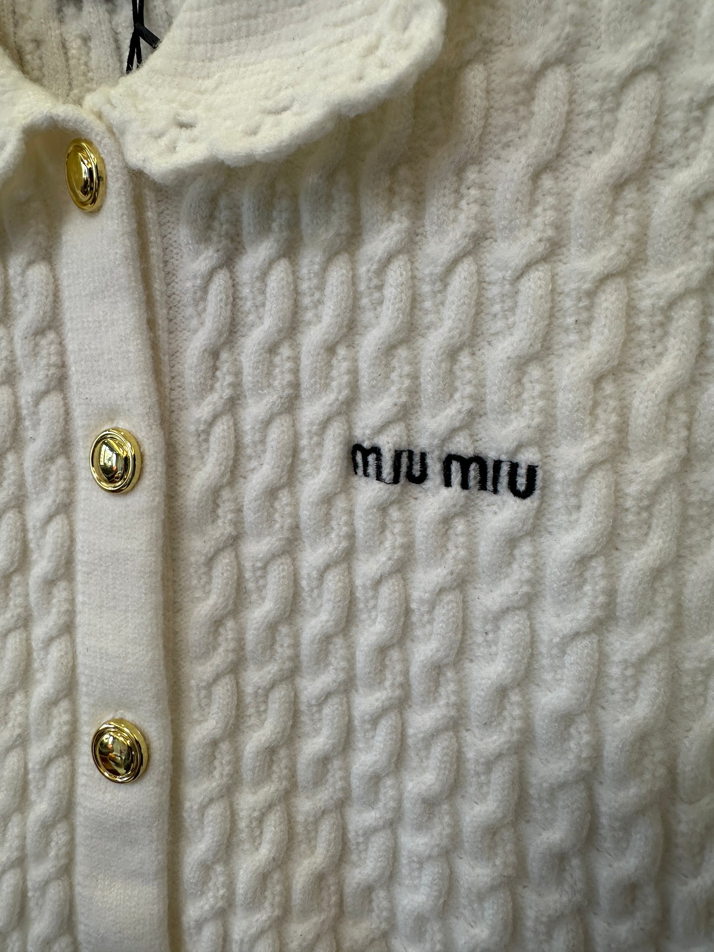 Miu Miu cream cable Knit cardigan with lace collar