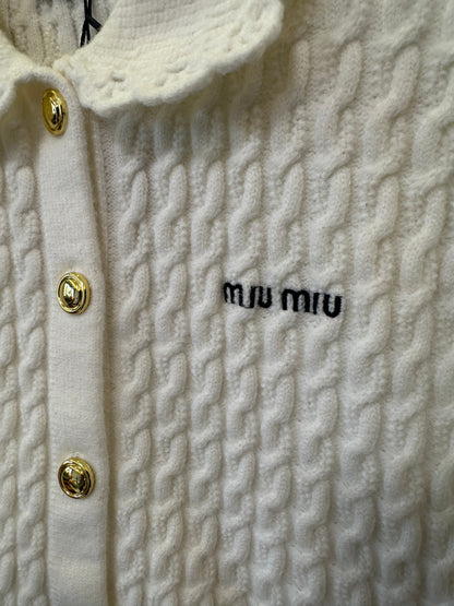 Miu Miu cream cable Knit cardigan with lace collar