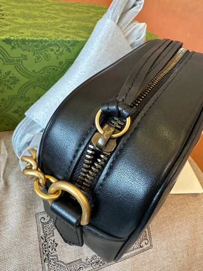 Gucci GG Marmont Black Chevron Leather Camera Bag Gold Double G