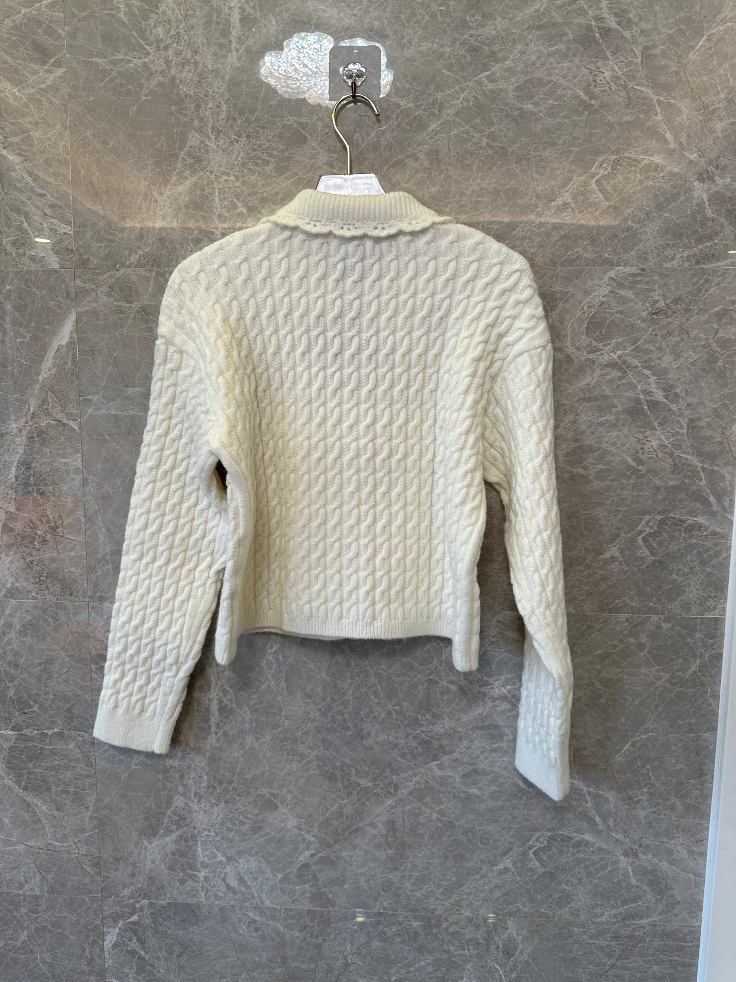 Miu Miu cream cable Knit cardigan with lace collar