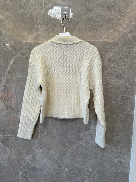 Miu Miu cream cable Knit cardigan with lace collar