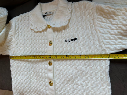 Miu Miu cream cable Knit cardigan with lace collar