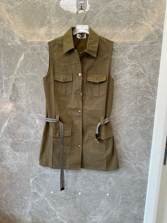 Miu Miu Sleeveless Military Green Dress with Logo Embroidery