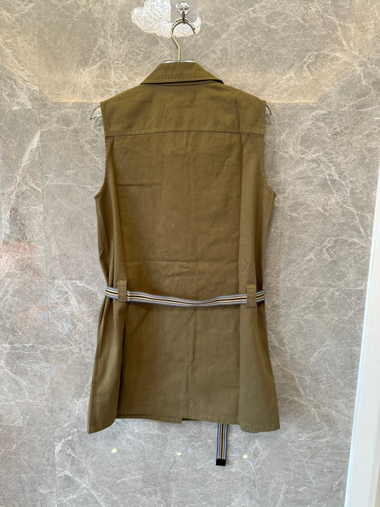 Miu Miu Sleeveless Military Green Dress with Logo Embroidery