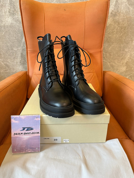Brunello Cucinelli Black Leather Lace-Up Combat Boots