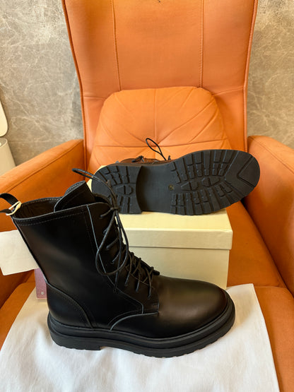 Brunello Cucinelli Black Leather Lace-Up Combat Boots