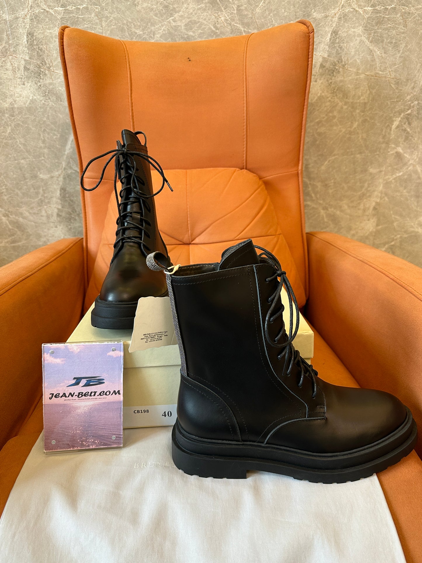 Brunello Cucinelli Black Leather Lace-Up Combat Boots