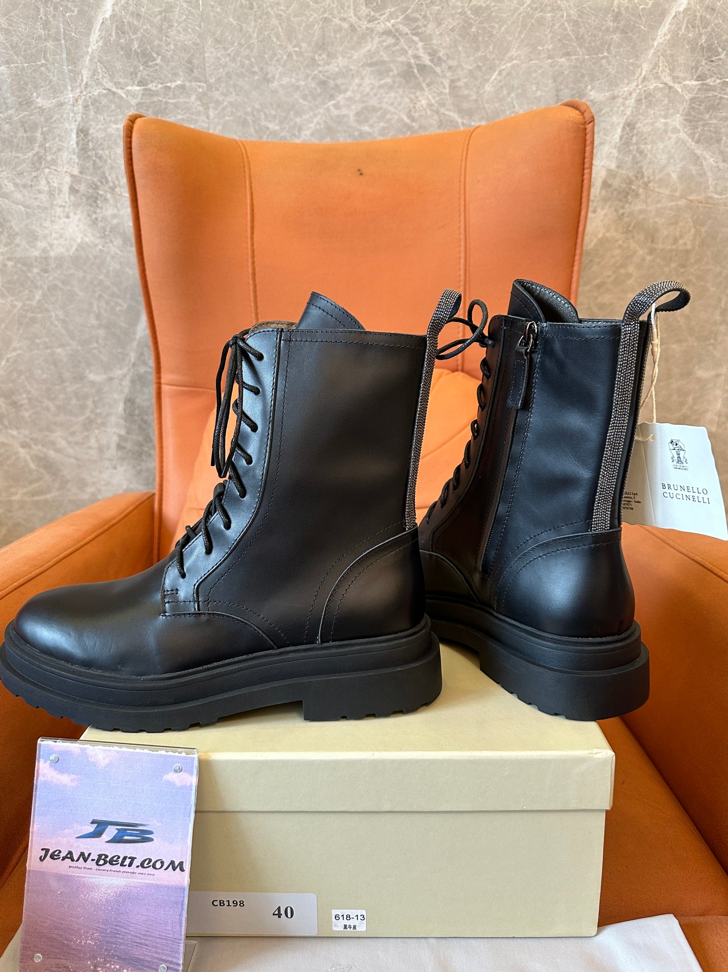 Brunello Cucinelli Black Leather Lace-Up Combat Boots