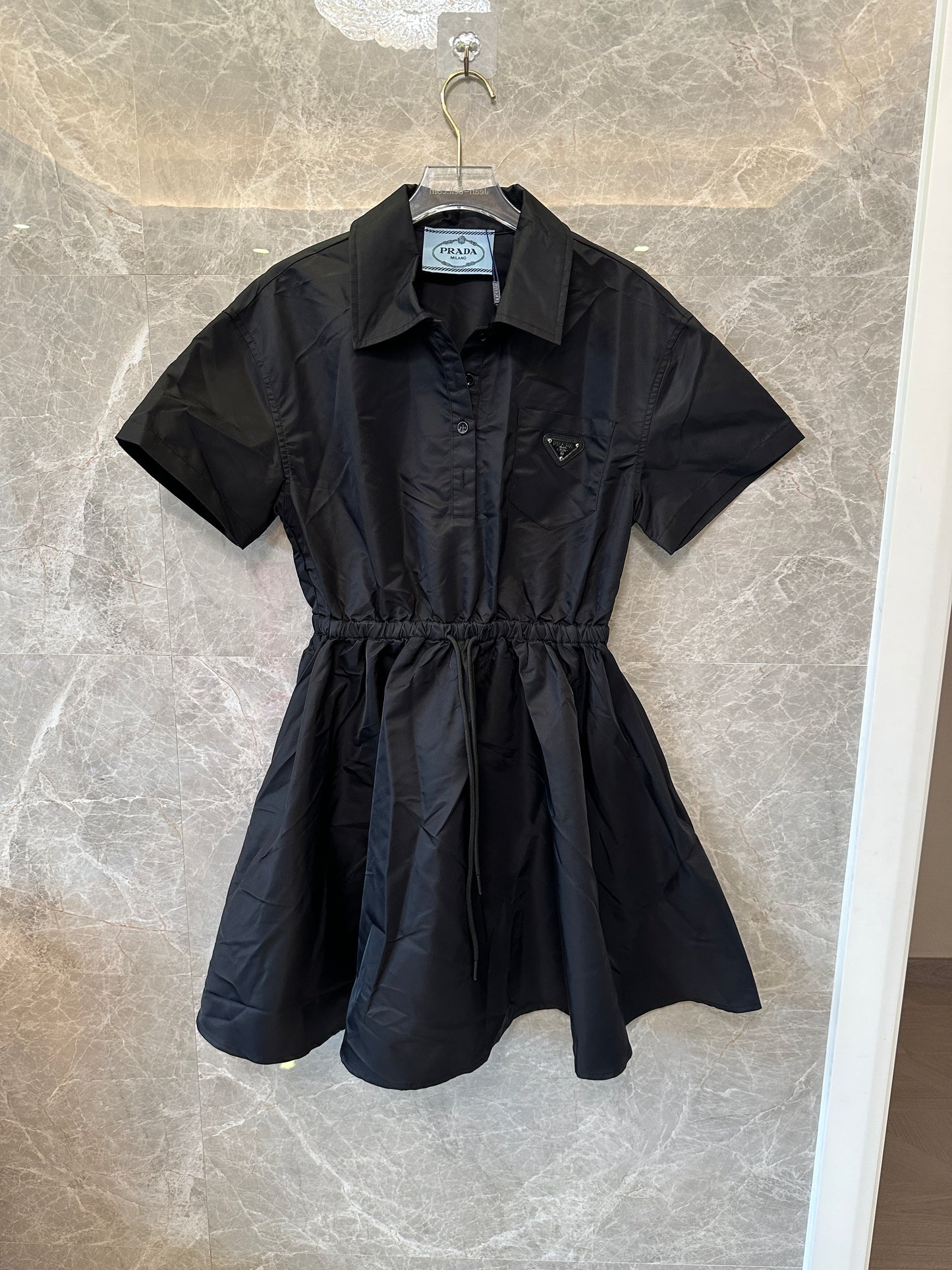 Prada black nylon Short-Sleeve Shirt Dress with Elastic Waist