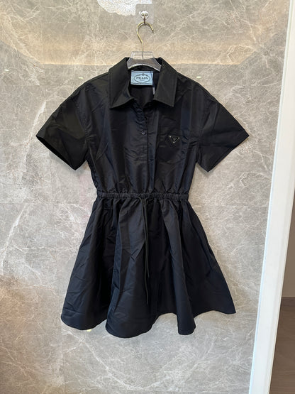 Prada black nylon Short-Sleeve Shirt Dress with Elastic Waist