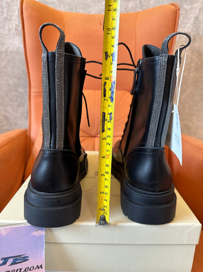 Brunello Cucinelli Black Leather Lace-Up Combat Boots