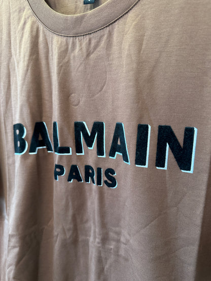 Balmain Logo Print Cotton T-Shirt Brown