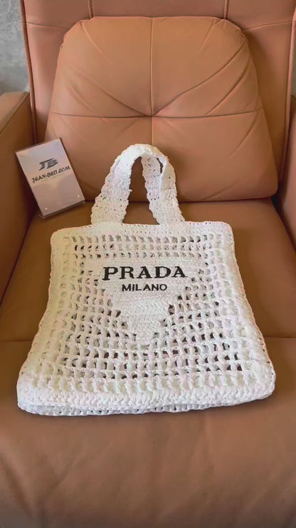 Sac fourre-tout en paille Prada Blanc
