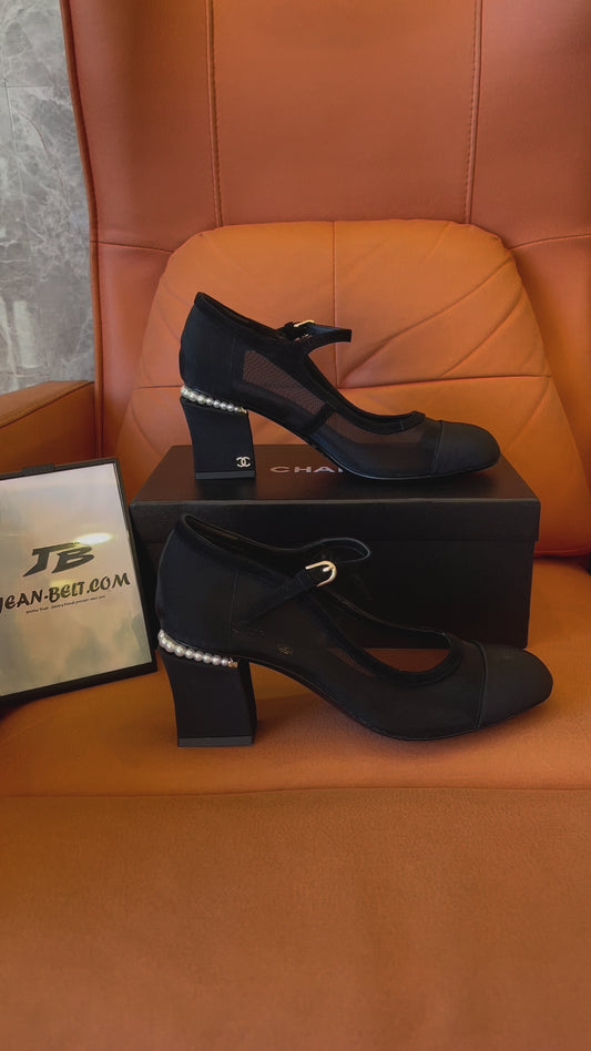 Chanel Black Mesh, Suede Calfskin, Grosgrain & Lmitation Pearls Pumps
