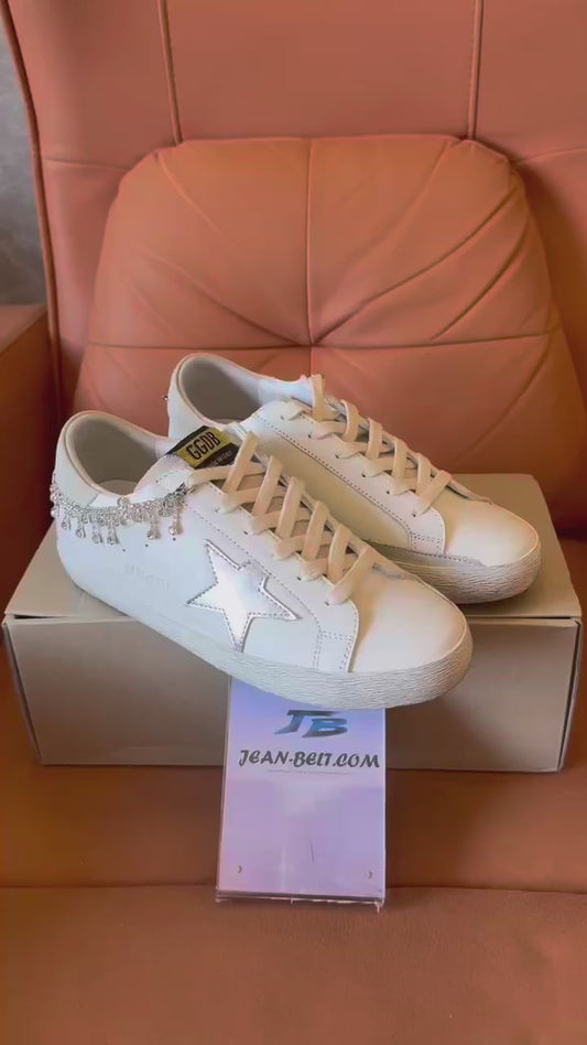 Golden Goose White Sneakers with Star Design and Crystal Chain Detailing